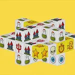 En tredimensionell kubstruktur fylld med symboler som stjärnor, dödskallar, slott, dryckesflaskor och timglas mot en gul bakgrund