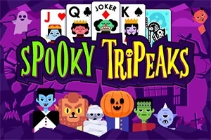 Färgglada tecknade karaktärer i halloween-tema inklusive vampyr, varulv, mumie, och pumpa framför ett lila bakgrund med spökbilder och spelkort