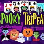 Färgglada tecknade karaktärer i halloween-tema inklusive vampyr, varulv, mumie, och pumpa framför ett lila bakgrund med spökbilder och spelkort