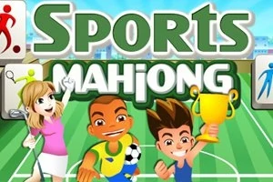 Tecknade figurer på en sportplan med en pokal och bollen, texten Sports Mahjong ovanför