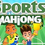 Tecknade figurer på en sportplan med en pokal och bollen, texten Sports Mahjong ovanför