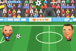 Två karikatyrspelare med stora huvuden spelar fotboll på en grön plan med publik i bakgrunden