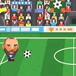 Två karikatyrspelare med stora huvuden spelar fotboll på en grön plan med publik i bakgrunden
