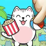 Tecknad katt med popcorn och boll på en strandscen, medan en stor hand pekar mot katten i bakgrunden