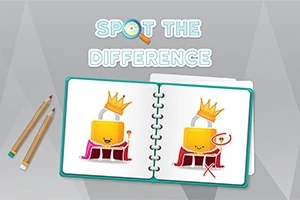 Två illustrationer av en gul låsfigur med krona och mantel i en öppen bok, med texten Spot the Difference ovanför