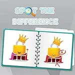 Två illustrationer av en gul låsfigur med krona och mantel i en öppen bok, med texten Spot the Difference ovanför