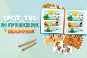 Illustration av ett spot the difference-spel med flera säsongsmotiv och två pennor på en grön bakgrund