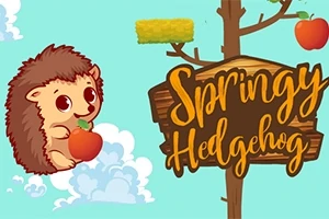En tecknad igelkott håller ett äpple bredvid en trädstam med texten Springy Hedgehog på en skylt, mot en himmel med moln