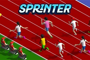 Sprinter Sju tecknade löpare tÀvlar pÄ en röd löparbana med ordet Sprinter ovanför