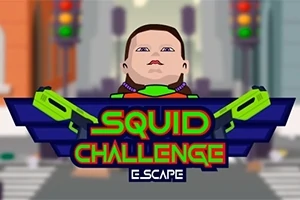 En tecknad figur med kort hår visas ovanpå en skylt med texten Squid Challenge och två gröna spelpistoler runt den