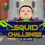 En tecknad figur med kort hår visas ovanpå en skylt med texten Squid Challenge och två gröna spelpistoler runt den