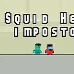 Två pixlade karaktärer står på en grå yta med texten Squid Hero Impostor ovanför dem