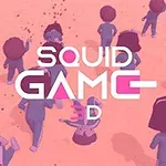 Tecknade figurer i blå kläder som rör sig på en rosa bakgrund med texten Squid Game 3D över dem