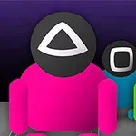 Tecknade figurer i rosa, blått och grönt med svarta huvuden prydda med vita geometriska symboler mot en lila bakgrund