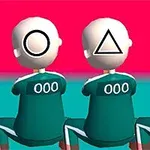Tre tecknade figurer med vita huvuden och olika symboler, cirkel, triangel och fyrkant, på deras ansikten, klädda i gröna träningsoveraller med numret 000