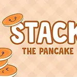 Tecknad illustration av glada pannkakor med ansikten och texten Stack the Pancake på en rutig bakgrund