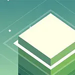 En stapel av gröna och vita block i en minimalistisk, geometrisk design mot en blågrön bakgrund med stjärnor