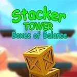 Trälådor staplade framför en färgglad bakgrund med texten Stacker Tower Boxes of Balance
