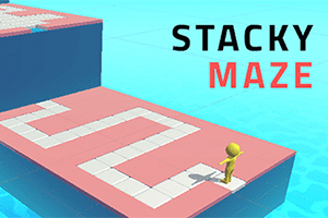 En gul figur står vid kanten av en rosa och vit stig på en upphöjd plattform med texten Stacky Maze i bakgrunden