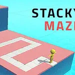 En gul figur står vid kanten av en rosa och vit stig på en upphöjd plattform med texten Stacky Maze i bakgrunden