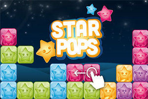 Färgglada stjärnformade block med ansikten på en nattlig bakgrund och texten Star Pops i mitten