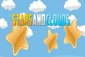Tecknade stjärnor och moln mot en blå bakgrund med texten Stars and Clouds i olika färger