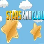 Tecknade stjärnor och moln mot en blå bakgrund med texten Stars and Clouds i olika färger