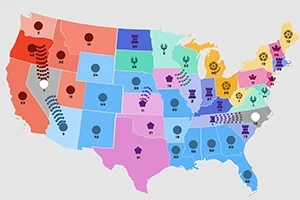Karta över USA med delstater i olika färger och symboler visar strategiska positioner