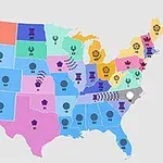 Karta över USA med delstater i olika färger och symboler visar strategiska positioner