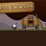 Tecknad figur står bredvid ett ångdrivet raketfordon med en skylt ovanför som säger Steam Rocket