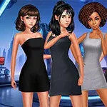 Fyra animerade kvinnor i eleganta klänningar står i ett futuristiskt interiör med neonljus