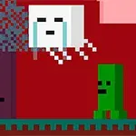 En pixelkonstbild med en karaktär med blå kläder och en pistol, ett grön kubformat monster och en vit svävande kub med ansikte framför ett rött bakgrund