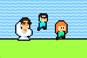 Pixelkonstbild av tre figurer i en enkel scen med grön mark och blå himmel