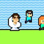 Pixelkonstbild av tre figurer i en enkel scen med grön mark och blå himmel