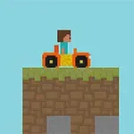 En pixelgrafikbild visar en person som kör ett orange fordon på en gräsplattform med himmel i bakgrunden