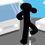 En tecknad svart figur korsar en väg mellan två vita fordon mot en blå himmel med moln