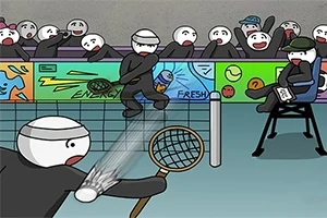 Tecknade figurer spelar tennis framför en publik med en domare på sidan