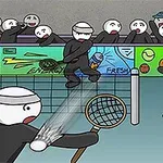 Tecknade figurer spelar tennis framför en publik med en domare på sidan