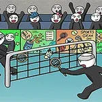 Två tecknade figurer spelar badminton framför en färgglad publik, med annonser på väggen bakom dem