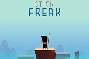 En tecknad figur med en lång pinne står på en plattform mot en blå bakgrund med texten Stick Freak ovanför