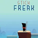 En tecknad figur med en lång pinne står på en plattform mot en blå bakgrund med texten Stick Freak ovanför