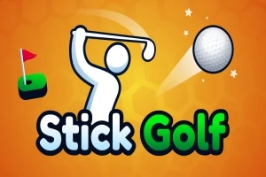 En tecknad figur svingar en golfklubba mot en golfboll med en flagga i bakgrunden, på en orange bakgrund