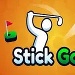 En tecknad figur svingar en golfklubba mot en golfboll med en flagga i bakgrunden, på en orange bakgrund
