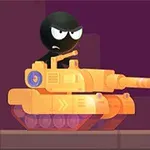 Tecknad figur med svarta kläder och vita ögon som styr en gul stridsvagn mot en lila bakgrund