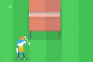 En tecknad figur i blå keps och orange ryggsäck kastar en boll mot ett rött bord på en grön bakgrund