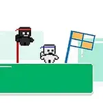 Två pixlade figurer med huvudband står på en grön plattform bredvid varandra, och en flagga är placerad till höger