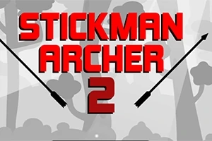 Texten STICKMAN ARCHER 2 i rött med pilar på sidorna mot en grå bakgrund av träd