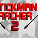 Texten STICKMAN ARCHER 2 i rött med pilar på sidorna mot en grå bakgrund av träd