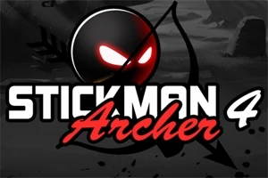 Svartvit affisch med en stiliserad stickfigur med glödande ögon och båge, med texten Stickman Archer 4