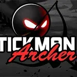 Svartvit affisch med en stiliserad stickfigur med glödande ögon och båge, med texten Stickman Archer 4